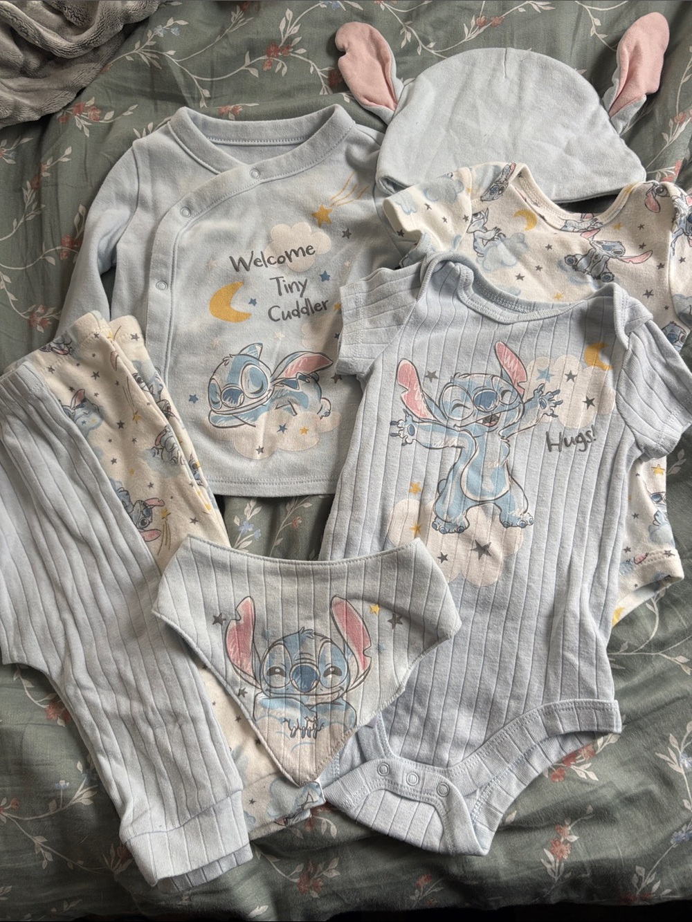 Disney Light Blue Stitch Bodysuit Set with Pink Ear Hat